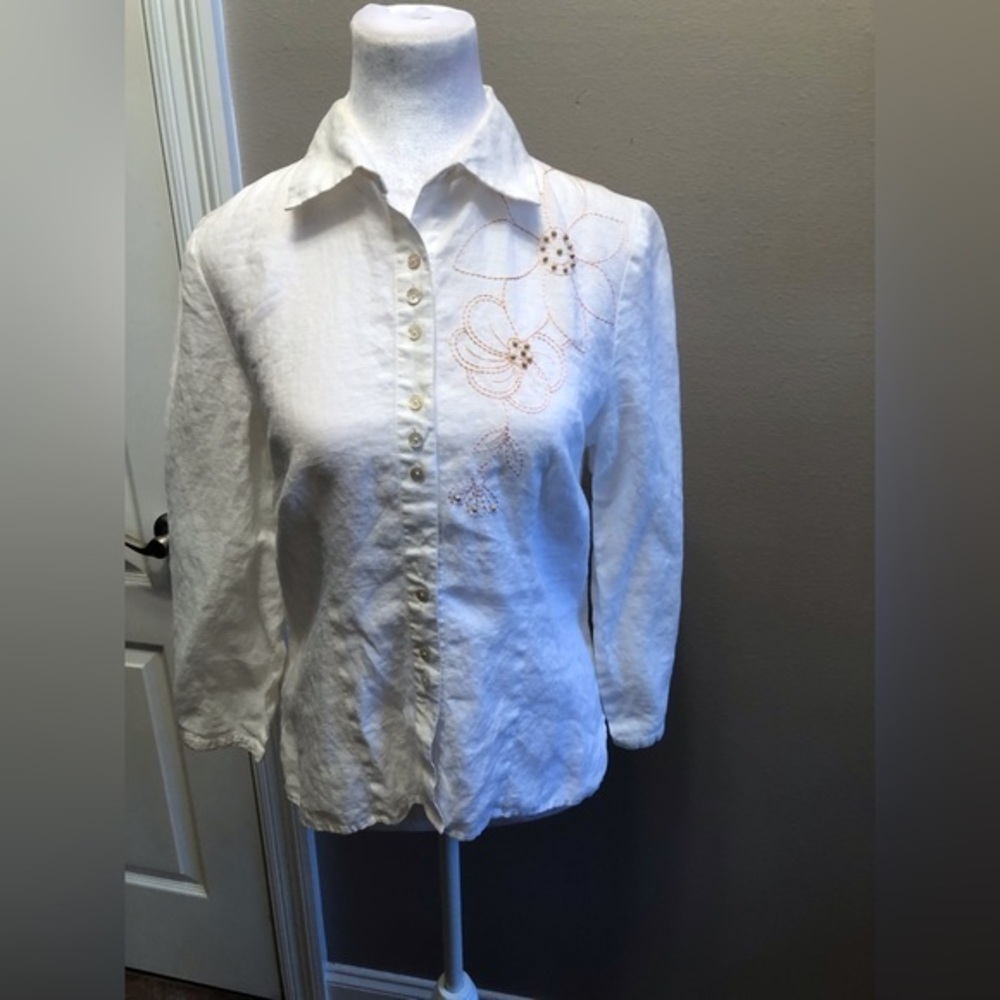 Richard Malcolm 100% Linen Blouse Pink Details Tropical Cottage Coastal